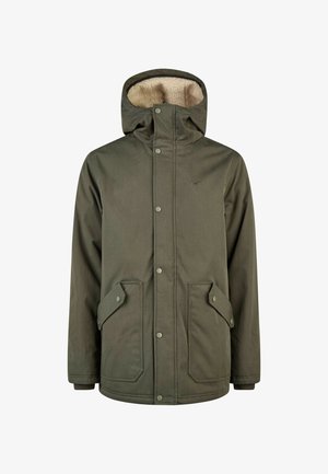 Green, hooded jacket with a soft, beige fleece lining. Features snap closures and two slanted front pockets with flap covers.