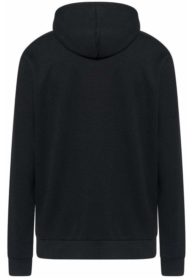 Sweat-shirt à capuche noir avec des manches longues, fabriqué à partir d'un tissu doux. Il présente un ourlet et des poignets côtelés, une texture lisse et un design simple.
