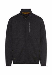 Dunkelgraue Zip-Jacke mit hohem Kragen, strukturiertem Stoff, Fronttaschen und einem kleinen Logodetail am Ärmelsaum. Eingeschnittene Brusttasche mit Reißverschluss.