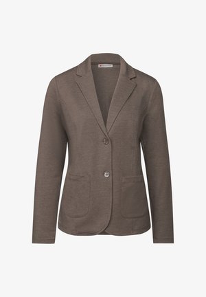 Bruine op maat gemaakte blazer van textuurstof, met een geknipte kraag, twee voorzakken en een knoopsluiting aan de voorkant.
