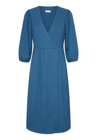 Robe portefeuille bleue jusqu'aux genoux avec un col en V, des manches bouffantes et un tissu texturé. Comprend une taille cintrée et une jupe fluide.