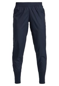 Navy blue, lightweight athletic pants with an elastic waistband, tapered fit, and ribbed cuffs. Smooth texture; minimalistic design.