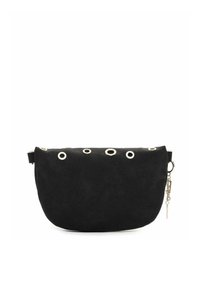 Borsa in suede nero con occhielli argentati lungo la parte superiore, forma arrotondata e chiusura con cerniera. Include un dettaglio a catena staccabile.