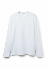 Langärmliges weißes T-Shirt aus weicher Baumwolle. Rundhalsausschnitt, lockere Passform und einfaches Design ohne Muster oder Akzente.