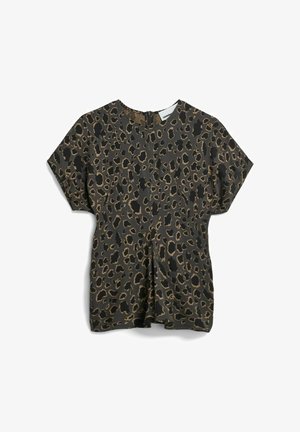 Kurzärmliges Oberteil aus schwarzem Stoff mit einem beige-braunen Leopardenmuster. Verfügt über einen runden Ausschnitt und einen Reißverschluss in der Mitte am Rücken.