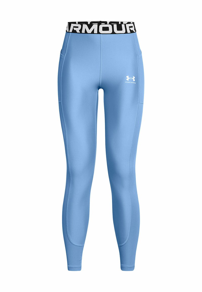 Leggings de sport bleu clair avec une taille noire portant l'inscription "ARMOUR" et un logo blanc. Texture lisse et coupe ajustée.