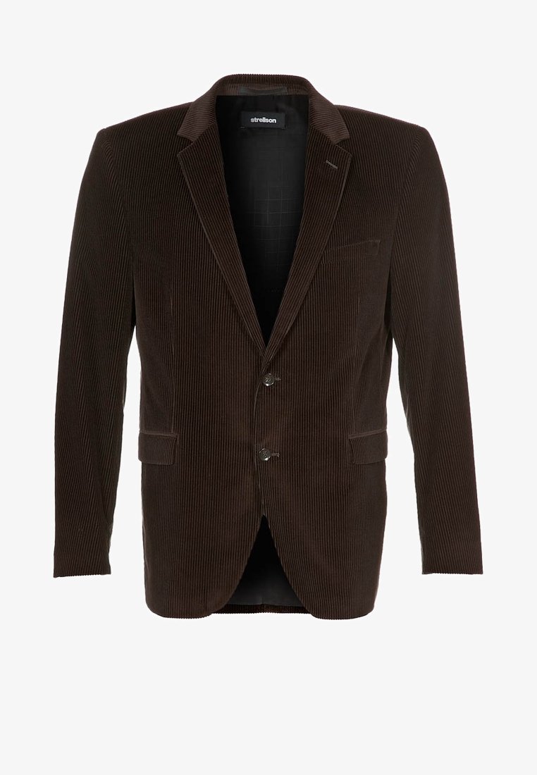 Blazer en velours côtelé marron foncé pour homme avec revers crantés, deux boutons devant, poches avec rabats et poche poitrine passepoilée.