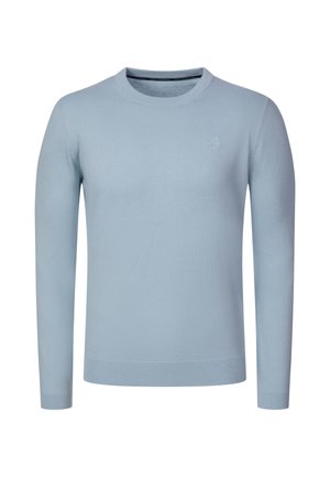 Jersey de cuello redondo azul claro, de manga larga, con puños y bajo de canalé, diseño sencillo, mostrado sobre fondo blanco.