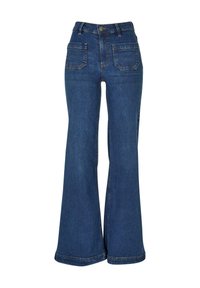 High-waisted blue denim jeans with wide flare legs, front patch pockets, belt loops, and a button closure.