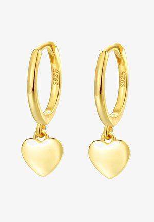 Pendientes de aro de oro con superficie lisa, adornados con charms de corazón colgantes, marcados con "S925" para indicar la calidad de la plata.