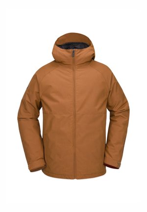 Chaqueta aislante marrón con cuello alto y capucha. Presenta un cierre frontal completo con cremallera y puños elásticos. La tela tiene un acabado suave y mate.