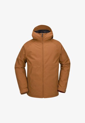 Chaqueta aislante marrón con cuello alto y capucha. Presenta un cierre frontal completo con cremallera y puños elásticos. La tela tiene un acabado suave y mate.