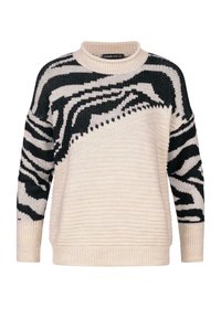 Kr�ämfärgad tröja med en texturerad stickad design, med svartvita zebraränder på axlarna och ärmarna.
