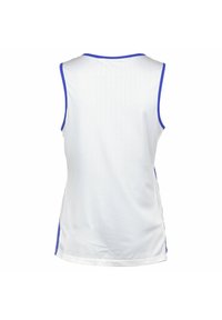 Canotta atletica bianca con accenti blu, dotata di texture a rete e design senza maniche. Tessuto liscio con cuciture a contrasto.
