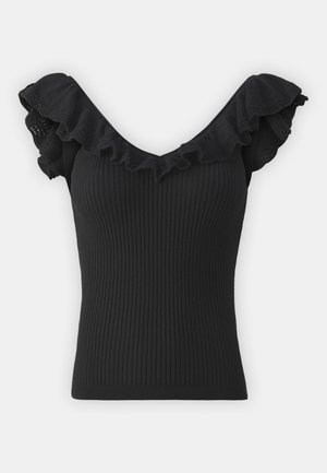 Haut noir à côtes avec un large décolleté en V et des manches à volants. Texture lisse avec une coupe ajustée.