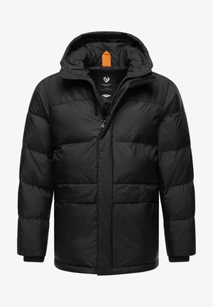 Black padded jacket with a hood, featuring a full zip, two front pockets, and prominent stitching. Includes an orange hanger tab on the inside.