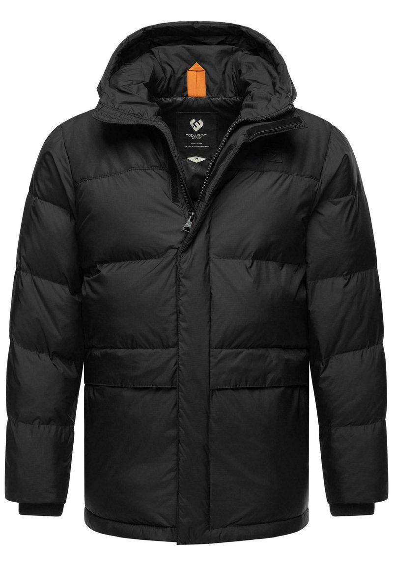 Black padded jacket with a hood, featuring a full zip, two front pockets, and prominent stitching. Includes an orange hanger tab on the inside.