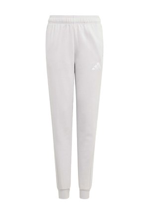 Pantalon de jogging gris clair avec une taille élastique et des jambes fuselées. Dispose d'un logo blanc sur la cuisse gauche. Tissu doux et texturé.