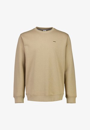 Felpa a girocollo beige realizzata in un tessuto morbido. Presenta polsini e orlo a costine, con un piccolo dettaglio del logo sul petto.