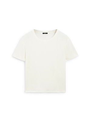 Hvid croppet t-shirt lavet af blød bomuld, med rund halsudskæring og korte ærmer, med en glat tekstur og uden mønstre eller udsmykninger.