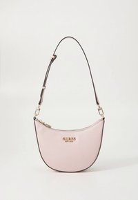 Roze gestructureerde handtas met een gebogen vorm, goudkleurige hardware en een afneembare band. Heeft het ingebedde GUESS-logo aan de voorkant.