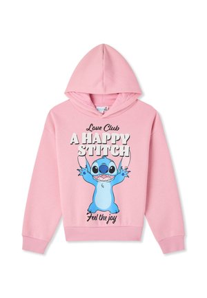 Różowa bluza z kapturem z niebieską kreskówkową postacią i napisem "Love Club A Happy Stitch Feel the joy" z przodu.