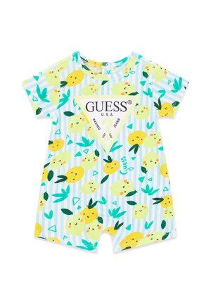 Baby-Strampler mit kurzen Ärmeln in Blau-Weiß gestreift, verziert mit lächelnden gelben und grünen Früchten und einem großen Guess-Logo auf der Brust.