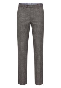 Graue karierte Hose aus strukturiertem Stoff mit geradem Bein, seitlichen Taschen und einem vorderen Knopfverschluss.