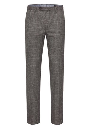 Šedé kárované kalhoty z texturované látky s rovnými nohavicemi, bočními kapsami a zapínáním na přední knoflíky.