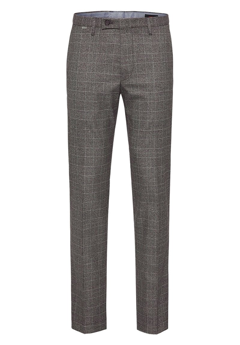 Graue karierte Hose aus strukturiertem Stoff mit geradem Bein, seitlichen Taschen und einem vorderen Knopfverschluss.