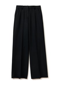 Black wide-leg trousers with a smooth texture, featuring two side pockets and pleat details. Made from a lightweight, flowy fabric.