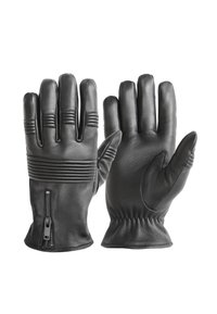 Svarta läderhandskar med ribbade detaljer på baksidan, dragkedja vid handleden och samlad design vid handleden för en snug passform.