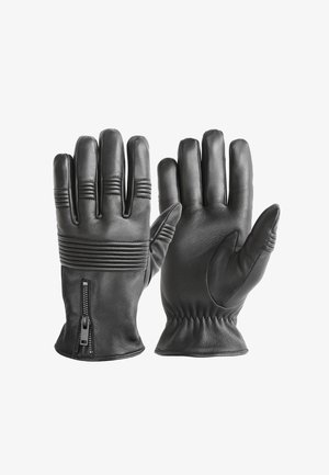 Gants en cuir noir avec des accents côtelés sur le dos, fermeture éclair au poignet, et design froncé au poignet pour un ajustement serré.