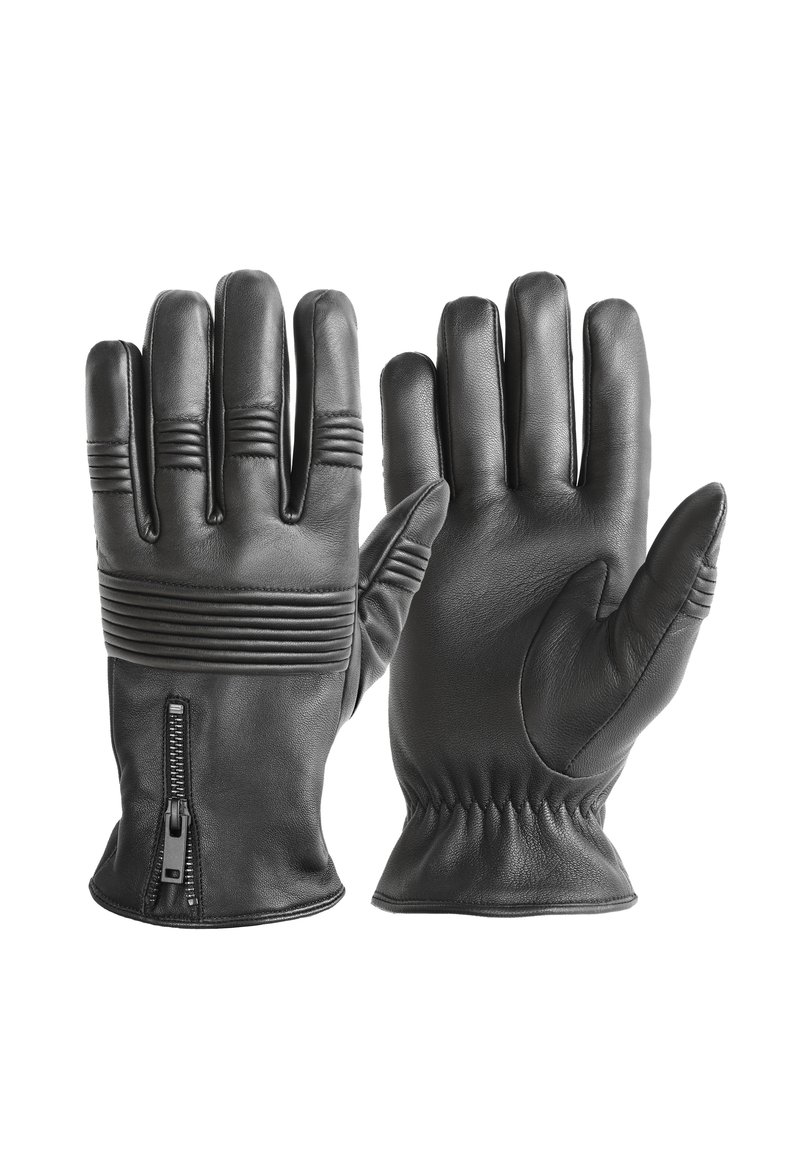 Svarta läderhandskar med ribbade detaljer på baksidan, dragkedja vid handleden och samlad design vid handleden för en snug passform.