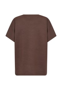 Braunes Baumwoll-T-Shirt mit kurzen Ärmeln, einem leicht abgerundeten Halsausschnitt und einer lockeren Passform. Glatte Textur und einfarbig, ohne Muster oder Akzente.