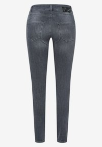 Jeans aderenti in denim grigio scuro, con vita alta, due tasche posteriori e un dettaglio nero in vita. Texture liscia.