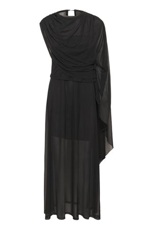 Black sleeveless long dress with sheer fabric overlay and asymmetrical draped cape detail on one shoulder.