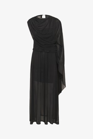 Black sleeveless long dress with sheer fabric overlay and asymmetrical draped cape detail on one shoulder.