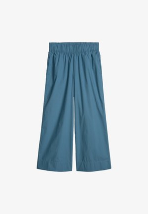 Pantalon court bleu à jambes larges avec taille élastique, fabriqué en tissu léger.
