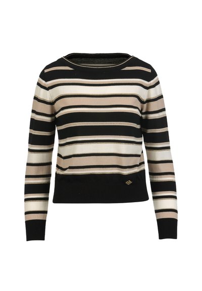 Džemperis ar garām piedurknēm un apaļu kaklu ar horizontālām melnām, bēšām un baltām svītrām, kā arī mazu zelta logo piespraudi netālu no apakšējās apmales.