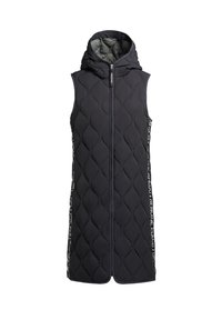 Black padded vest with a hood, featuring a quilted design, side pockets, and a full front zipper. Accented with branded text on the sides.