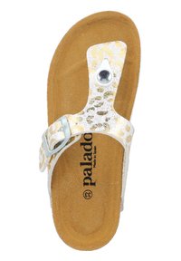 Infradito bianchi con motivo leopardato metallico oro, fibbia regolabile argento e sottopiede marrone testurizzato con logo del marchio.