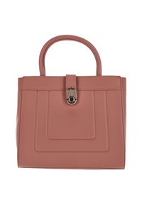 Rendezett, rózsaszín bőrtáska fels�ő fogantyúval, téglalap alakú, elülső hajtókás záródással és díszítő fém kiegészítővel.