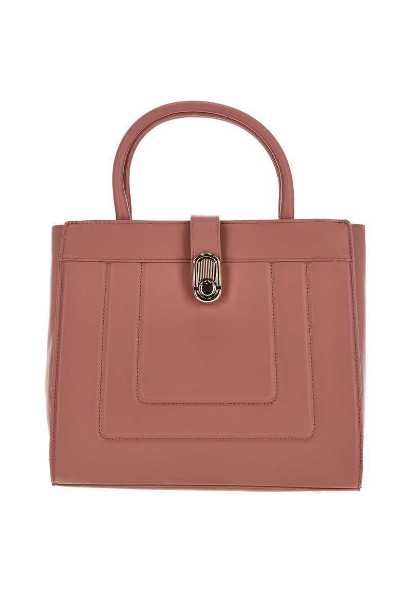 Rendezett, rózsaszín bőrtáska felső fogantyúval, téglalap alakú, elülső hajtókás záródással és díszítő fém kiegészítővel.