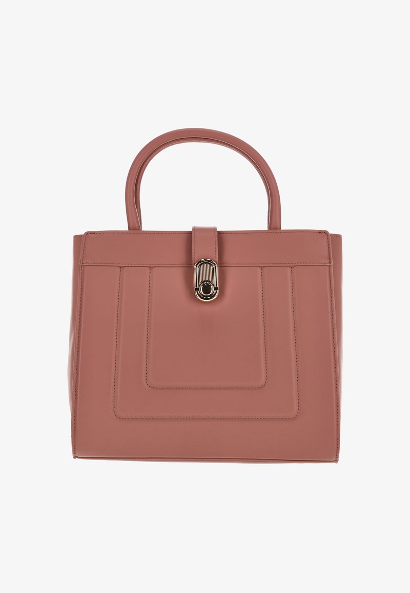 Struktureret lyserød læderhåndtaske med en øverste håndtag, rektangulær form, frontklaplukning og en dekorativ hardware-detalje.