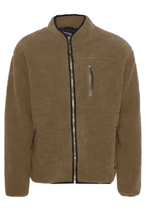 Béžová fleecová bunda so zipsom vpredu. Má vysoký golier, kontrastné čierne zipsy, dve bočné vrecká a náprsné vrecko. Mäkkučká textúra.