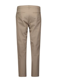 Beige katoenen broek met een getailleerde pasvorm, voorzien van twee achterzakken en een gladde afwerking. De tailleband heeft riemlussen voor accessoires.