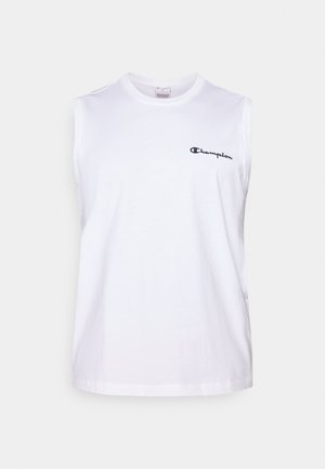 T-shirt sans manches en coton blanc avec un col rond, présentant un petit logo bleu marine sur le côté gauche de la poitrine. Texture lisse et coupe décontractée.