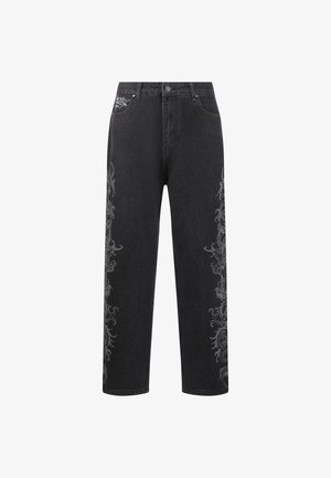 Zwarte denim wijde pijpen jeans met ingewikkelde grijze bloemborduursels langs de zijnaad en een klassieke vijf-pocket ontwerp.