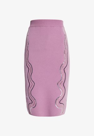 Knitted pencil skirt in light pink with wavy metallic silver and black patterns along the sides. Smooth texture, mid-length design.